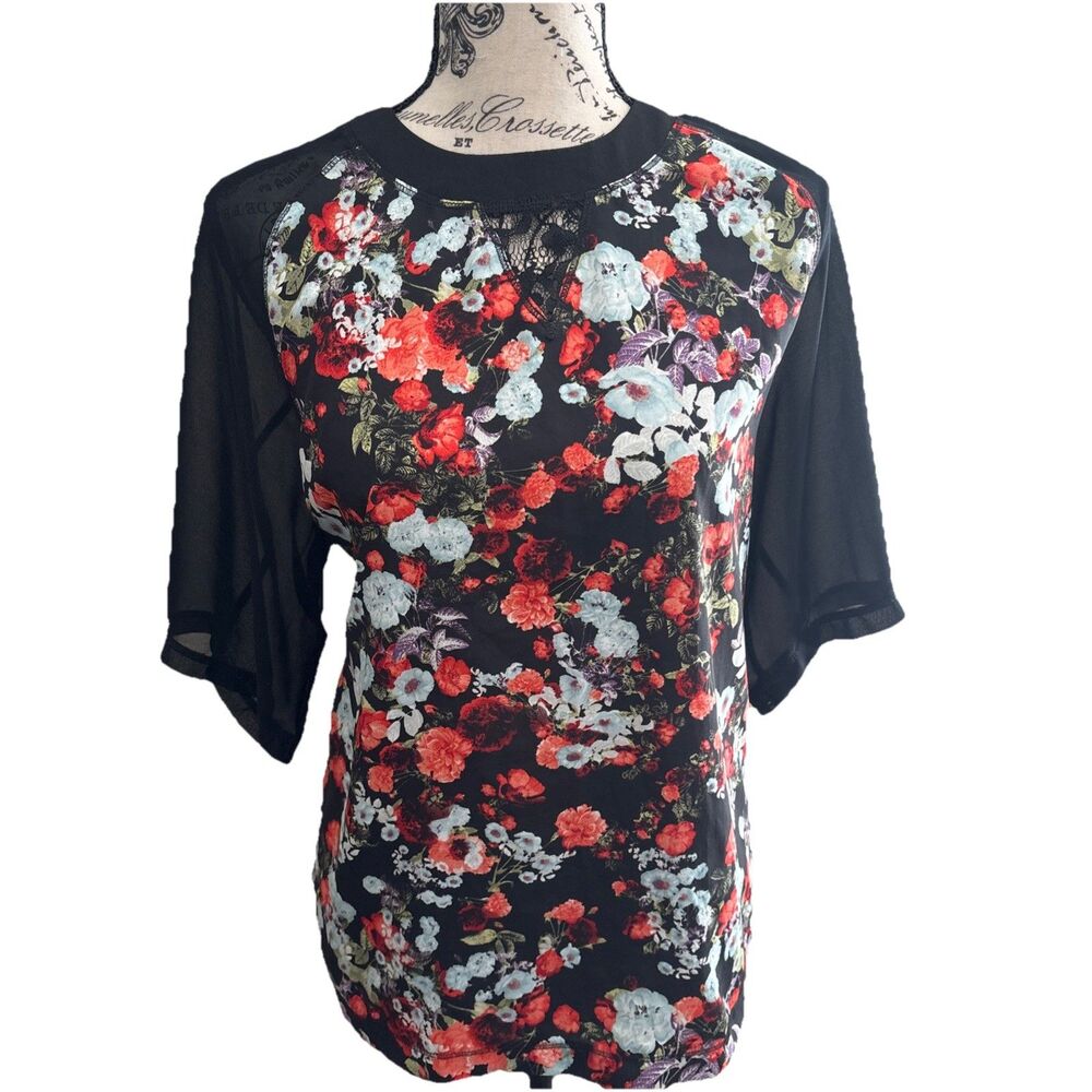 BcbgGeneration Medium Retro Floral Sheer Backside Blouse Coquette Romantic Goth